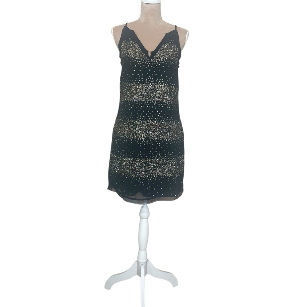 EUC Moulinette Soeurs Y2K Black Mini Dress with Gold Sequins Frayed Hem (C-1)